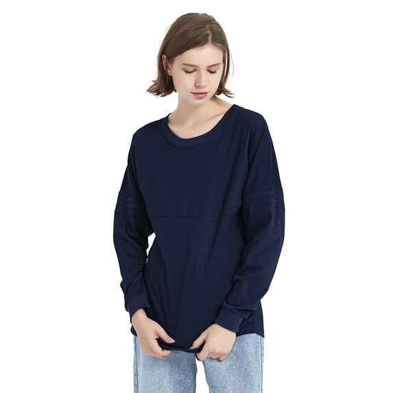 Toptie Women's Crewneck Pom Pom Pullover Jersey Youth Long Sleeve Baseball Tee Shirt Blank-Navy-L