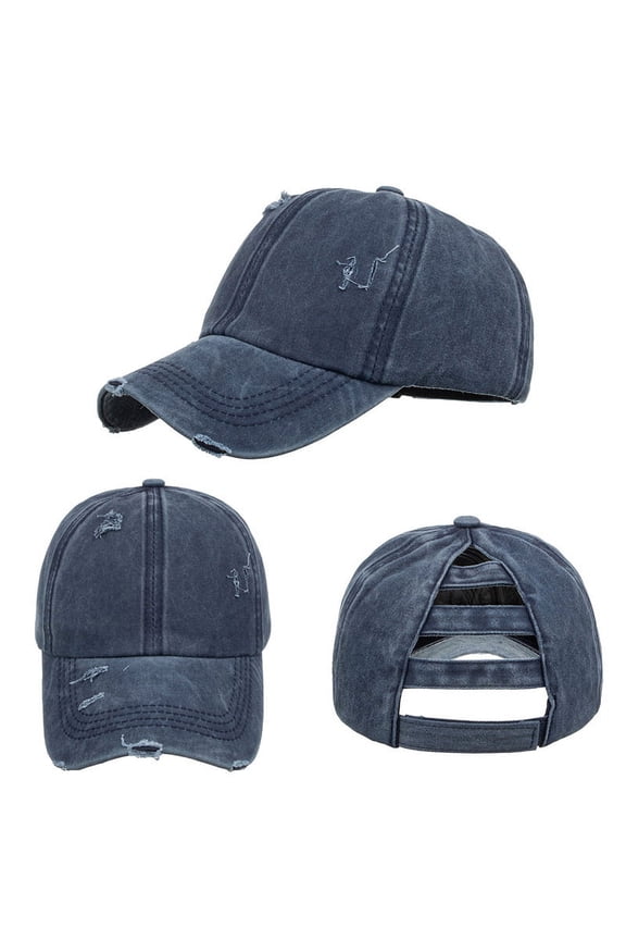 Women's Distressed Washed Cotton Messy High Bun Ponytail Baseball Cap, Criss Cross Ponytail Hat High Crown Dad Hat-Navy