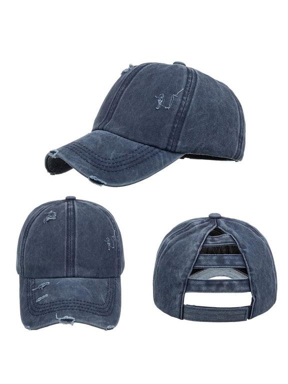 Women's Distressed Washed Cotton Messy High Bun Ponytail Baseball Cap, Criss Cross Ponytail Hat High Crown Dad Hat-Navy
