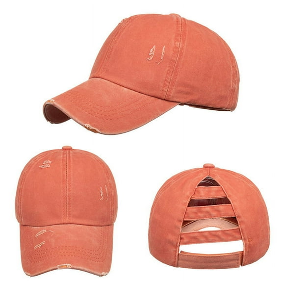 Toptie Women's Distressed Washed Cotton Messy High Bun Ponytail Baseball Cap, Criss Cross Ponytail Hat High Crown Dad Hat-Orange
