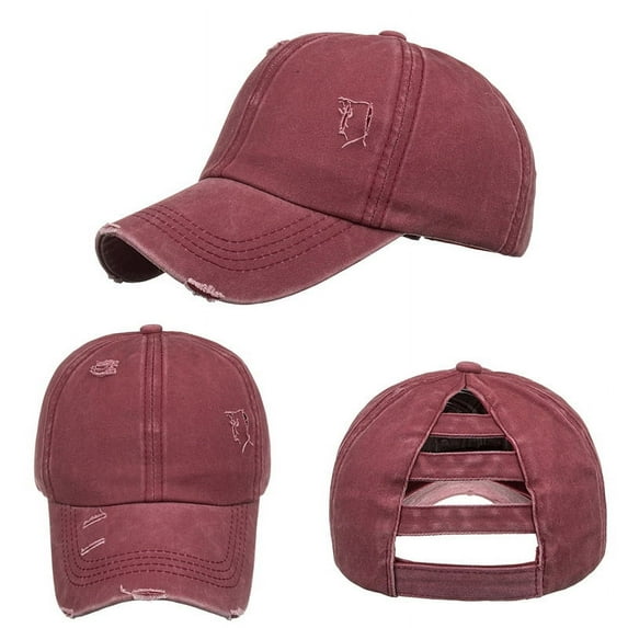 Toptie Women's Distressed Washed Cotton Messy High Bun Ponytail Baseball Cap, Criss Cross Ponytail Hat High Crown Dad Hat-Red