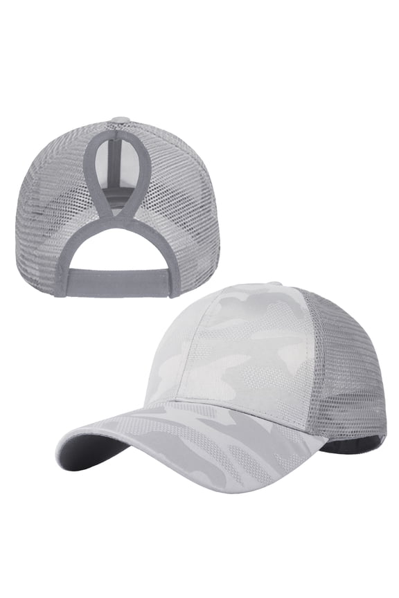 Womens Camo Ponytail Baseball Cap Messy High Bun Ponytail Hat, Camouflage Mesh Baseball Cap-Light Grey