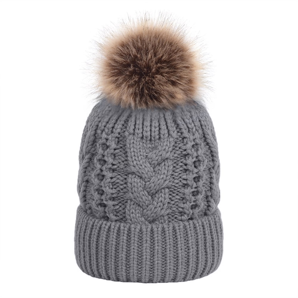 Toptie Womens Winter Fleece Lined Cable Knit Hat Faux Fur Pom Pom
