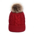 thumbnail image 1 of Toptie Womens Winter Fleece Lined Cable Knit Hat Faux Fur Pom Pom Beanie Hat-Maroon, 1 of 7