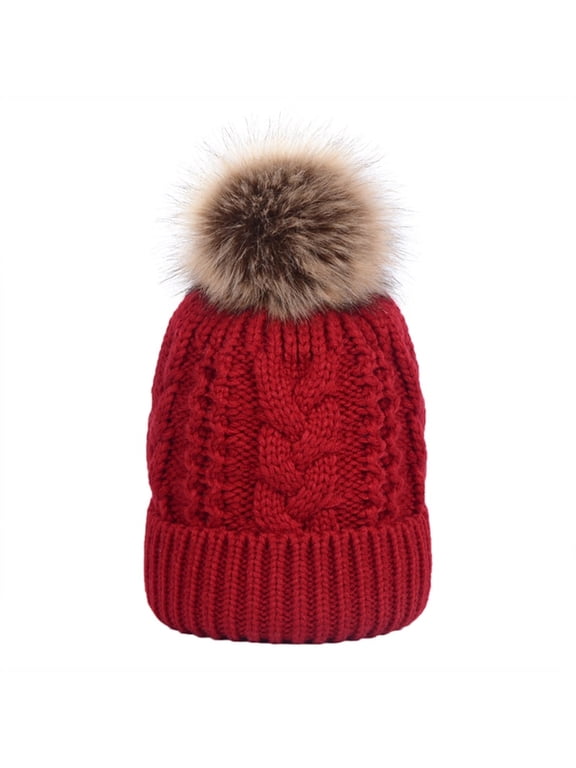 Womens Winter Fleece Lined Cable Knit Hat Faux Fur Pom Pom Beanie Hat-Maroon