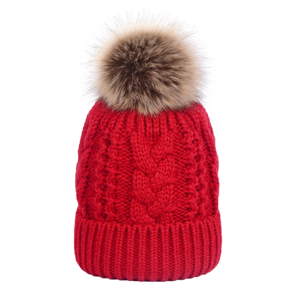 Toptie Womens Winter Fleece Lined Cable Knit Hat Faux Fur Pom Pom
