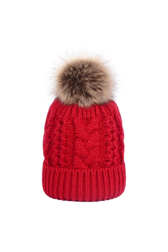 Womens Winter Fleece Lined Cable Knit Hat Faux Fur Pom Pom Beanie Hat-Red