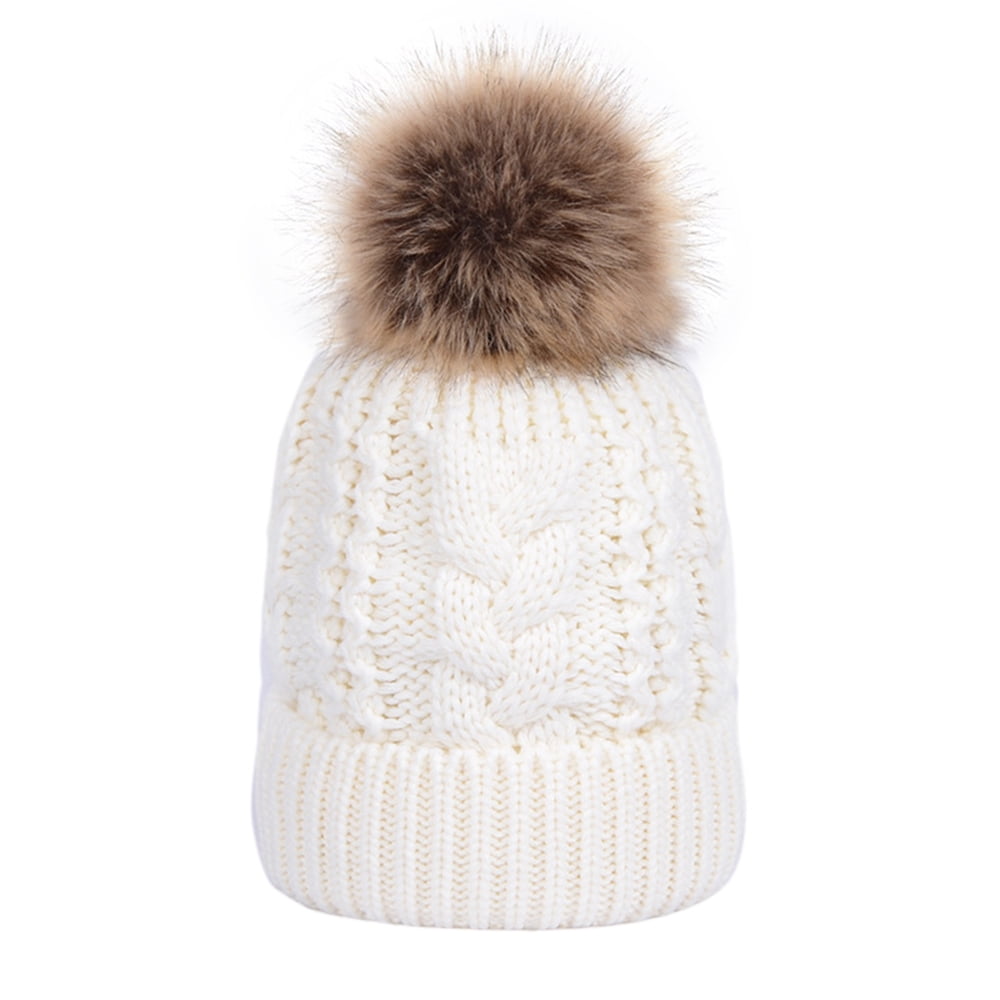Toptie Womens Winter Fleece Lined Cable Knit Hat Faux Fur Pom Pom