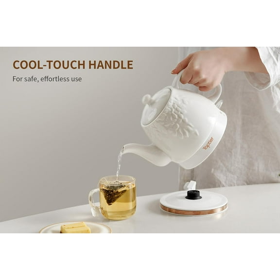 Toptier Electric Ceramic Tea Kettle, Boil Water Quickly and Easily, Detachable Swivel Base & Boil Dry Protection, Carefree Auto Shut Off, 1 L, White Leaf