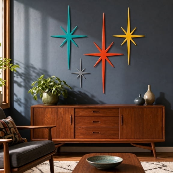 Topukaiba 4 Pcs Retro Atomic Starburst Wall Decor Set Sculptures Colorful Mid Century Modern Wall Art for Living Room Bedroom Hallway Decorative,Multicolor