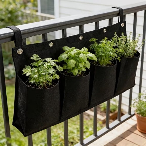 Topukaiba 4-Pocket Hanging Wall Planter, 25.6" x 10" Felt Fabric Vertical Garden Bag, Wall Planter Black Long Square for Balcony, Railing & Fence, Black