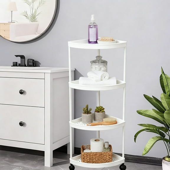 Topukaiba 4-Tier Corner Shelf Stand, 31.3" Bathroom Organizer, Small Corner Rack With Drainage Holes & Protective Rails, Space-Saving Storage For Bathroom, Kitchen, Living Room, White, 31.3X12.8"