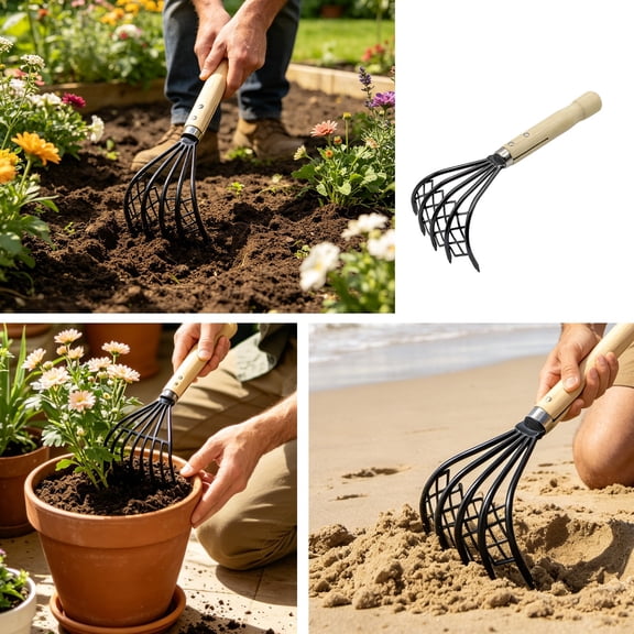 Topukaiba Claw Rake With Mesh Net, Clamming Claws Stainless Steel 5-Tine Garden Rake For Digging Clam Shell Defoliation Hoe Garden Beach Tool For Loosen The Soil Brown