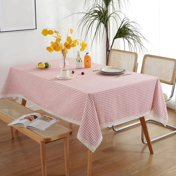Topukaiba Cotton Linen Plaid Tablecloth with Tassel Lace Edge, Farmhouse Checkered Table Cover Washable for Kitchen Dining Room Coffee Table Picnic Decoration, 59"x39.3", Pink
