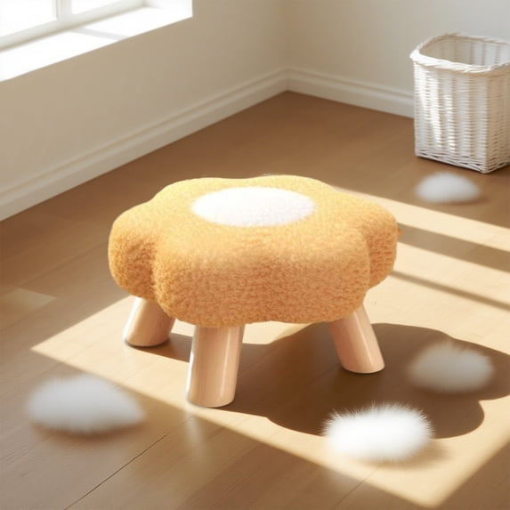 Topukaiba Flower Ottoman Stool Round Fluffy Accent Stool, Tall Small Chair with Solid Wood Legs, Soft Plush Removable Cushion Footstool for Living Room Bedroom Vanity, 9.8"x7.8", Yellow