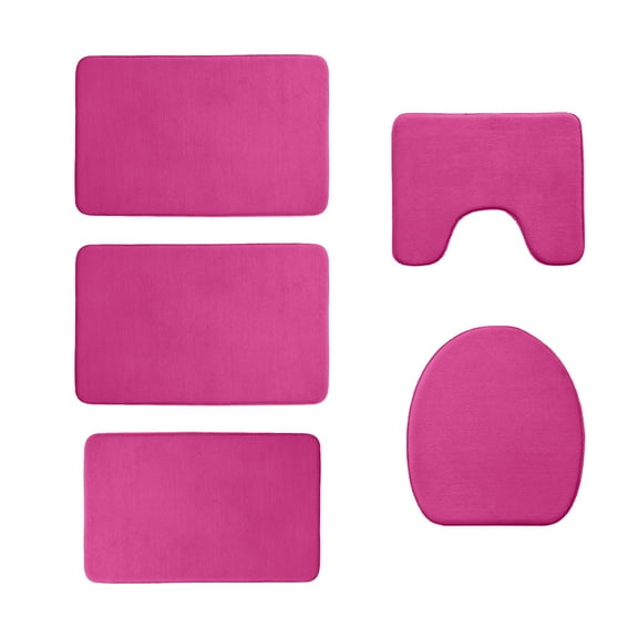Topukaiba Foam Bath Mat 5 Set Bathroom Rugs For 5 Pcs Toilet Mats Universal Soft Comfortable Water Absorption Non-Slip Thick Machine Washable Easy Dry Dark Color Pink