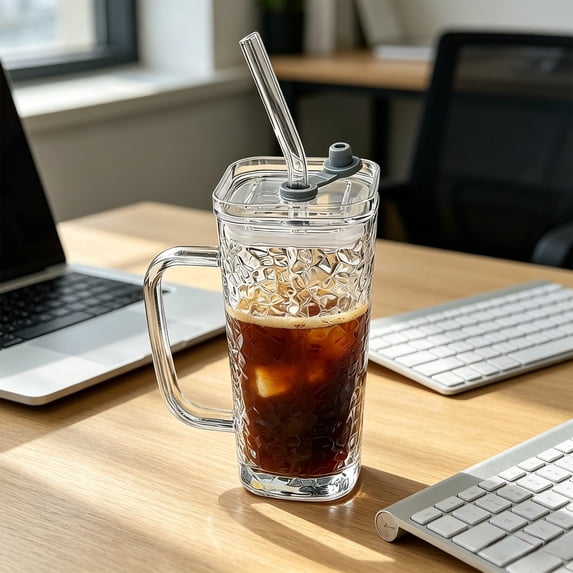 Topukaiba Glass Tumbler with Handle and Lid, 3 Sizes Clear Glass Cups with Reusable Straw, Iced Coffee Cup for Hot & Cold Drinks, Lemonade, Juice, Office Desk Accessories,2.4"x4.8",Clear-C