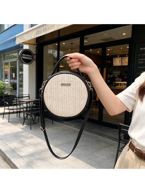 Round Woven Rattan Handbag with Adjustable Shoulder Strap for Women, Boho Straw Crossbody Bag for Summer Beach Wedding Travel Purse,6.7"x6.7",Black