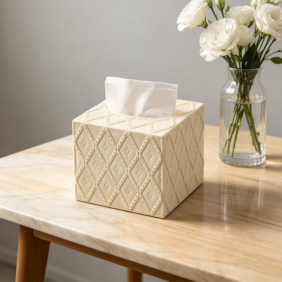 Topukaiba Square Tissue Box Cover, Decorative Cube Tissue Holder with Faux-Wood Pattern, Fits Standard Tissues for Bathroom Vanity Countertop Office Car,Beige,4.5x4.5x3.9in