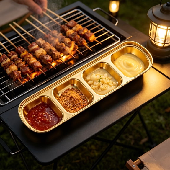 Topukaiba Stainless Steel Dipping Sauce Cups, 4 Compartment Condiment Tray, Divided Seasoning Sauce Dip Bowl, Perfect for Soy Sauce, Ketchup, BBQ Sauces