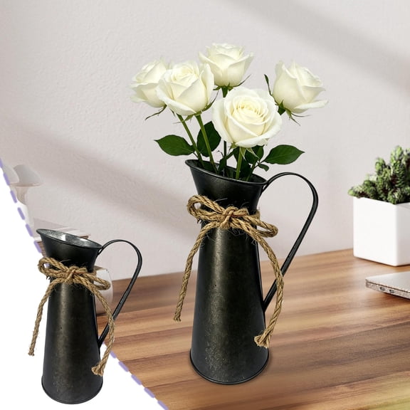 Topukaiba Vintage Metal Pitcher Vase, Rustic Iron Milk Jug Flower Vase with Handle & Jute Rope, Farmhouse Decor for Home Table Mantel Bookshelf Wedding Centerpiece,Black,7.8"x3.3"