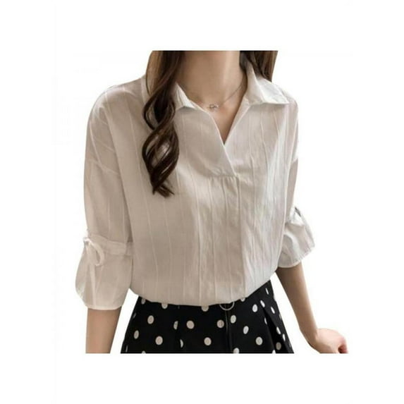 Topumt Korean Women Summer V-Neck Lapel Stripes Short Sleeve Casual T-Shirt Blouse Top