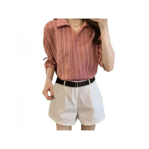 Topumt Korean Women Summer V-Neck Lapel Stripes Short Sleeve Casual T-Shirt Blouse Top