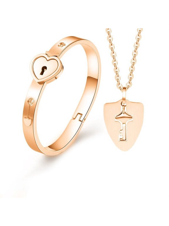 Love Heart Lock Bangle Bracelet & Key Titanium Steel Steel Lover Necklace Set
