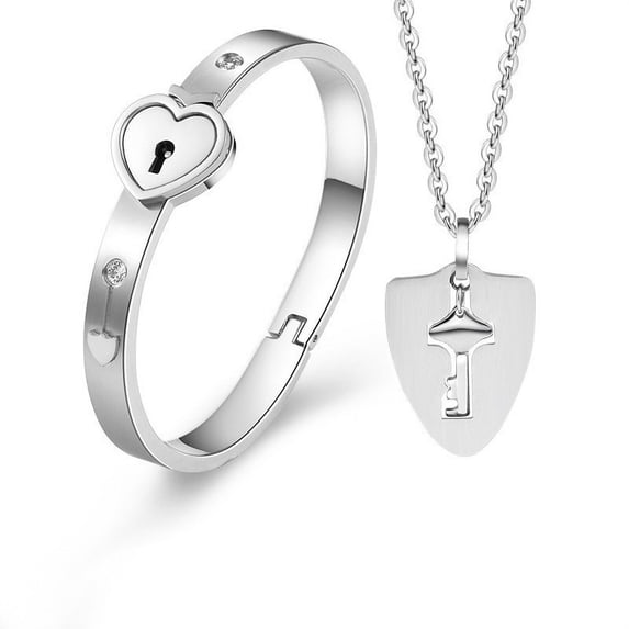 Topumt Love Heart Lock Bangle Bracelet & Key Titanium Steel Steel Lover Necklace Set