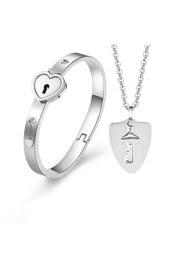 Love Heart Lock Bangle Bracelet & Key Titanium Steel Steel Lover Necklace Set