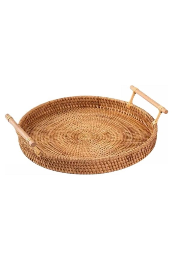 Round Wicker Rattan Tray for Coffee Table,Ottoman,Natural Serving Tray with Handles