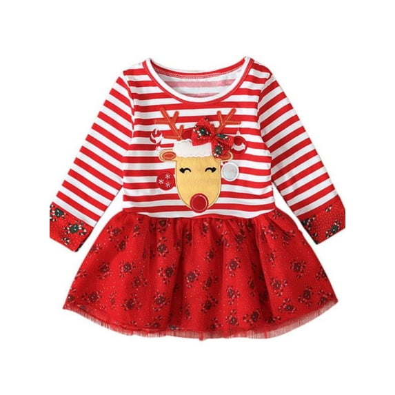 Topumt Toddler Baby Girls Elk Printed Long Sleeves Tutu Dress Christmas Outfit Winter Autumn Casual Wear