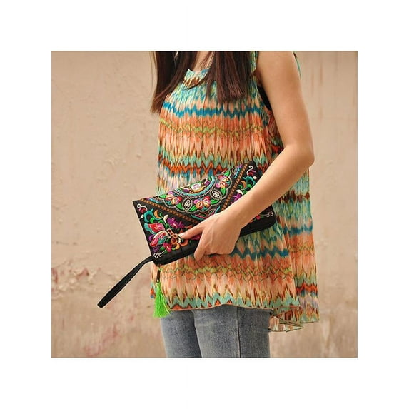 Topumt Women Retro Boho Ethnic Embroidered Wristlet Bag Handmade Purse