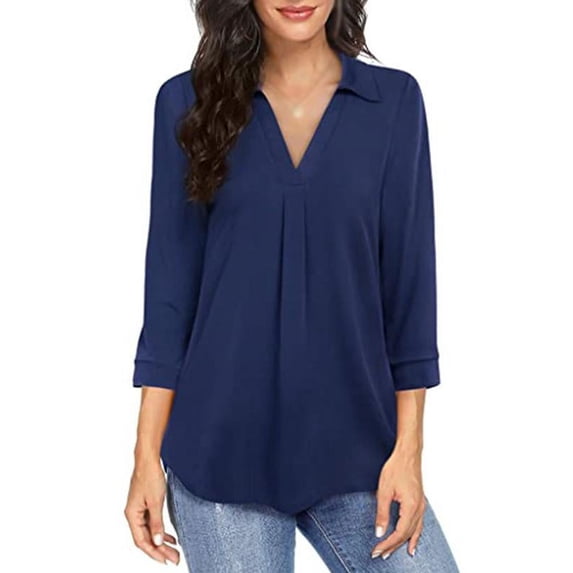 Topumt Women's 3/4 Sleeve V-Neck Tops Loose Tunic Irregular Hem 3/4 Cuffed Sleeve Blouses Casual Rolled Sleeve Shirts