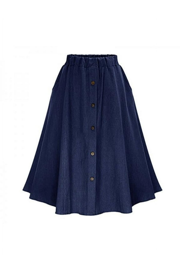 Women's A-Line High Waist Button Pleated Midi Skirt