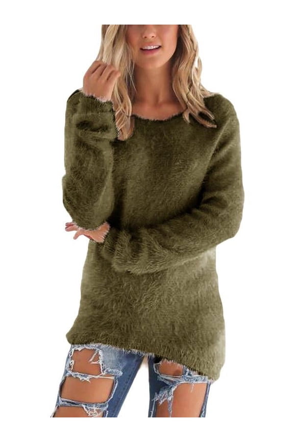 Women's Casual Crewneck Long Sleeve Fleece Pullover Sweatshirts Solid Color Fuzzy Warm Outerwear Tops