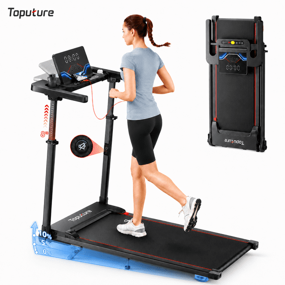 Toputure 2-in-1 Folding Treadmill with 2-Level Manual Incline, Bluetooth APP, 12 Workout Programs, LED Display, Remote Control, Walking Pad for Home & Office