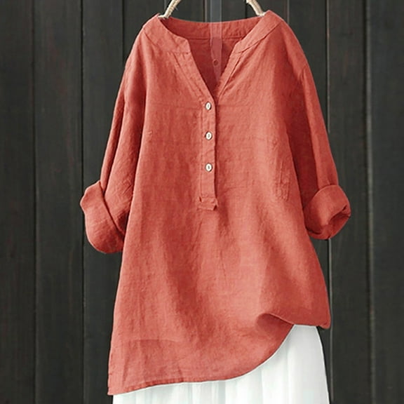 Topvent Blouses for Women Solid Loose Plus Size Long Cotton Texture Dress Shirt Button Down Shirts Casual Tops Orange S