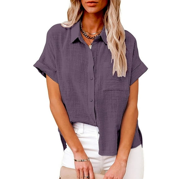 Topvent Button Down Shirts for Women Fashion Women's Solid Linen Casual Loose Short Sleeve Button Shirt Purple XXXL