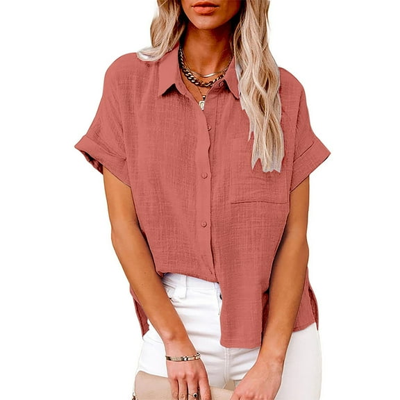 Topvent Button Down Shirts for Women Fashion Women's Solid Linen Casual Loose Short Sleeve Button Shirt RD2 XXXL