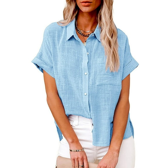 Topvent Button Down Shirts for Women Fashion Women's Solid Linen Casual Loose Short Sleeve Button Shirt Sky Blue XXXL