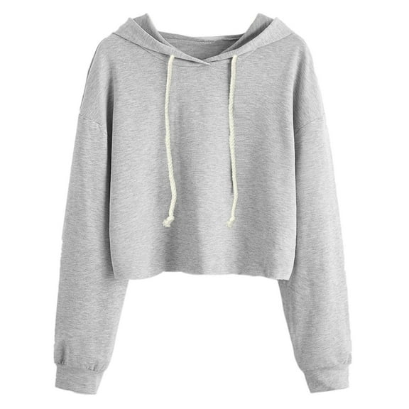 Topvent Coat for Women Women Long Sleeve Hoodie Drawstring Crop Sweatshirt Crop Top Pullover Blouse Jacket Tops with Pockets Grey XS