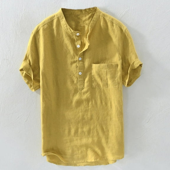 Topvent Dress Shirt Without Collar for Men Men's Summer Cotton Button Short Sleeves Fashion Large Blouse Top Striped Dress Shirts Men Yellow XXXL