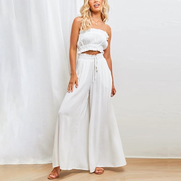 Topvent High Waist Pants Women Women's Wide Leg Pants Flowy Drape Ruffle Drawstring Waist Pants White M