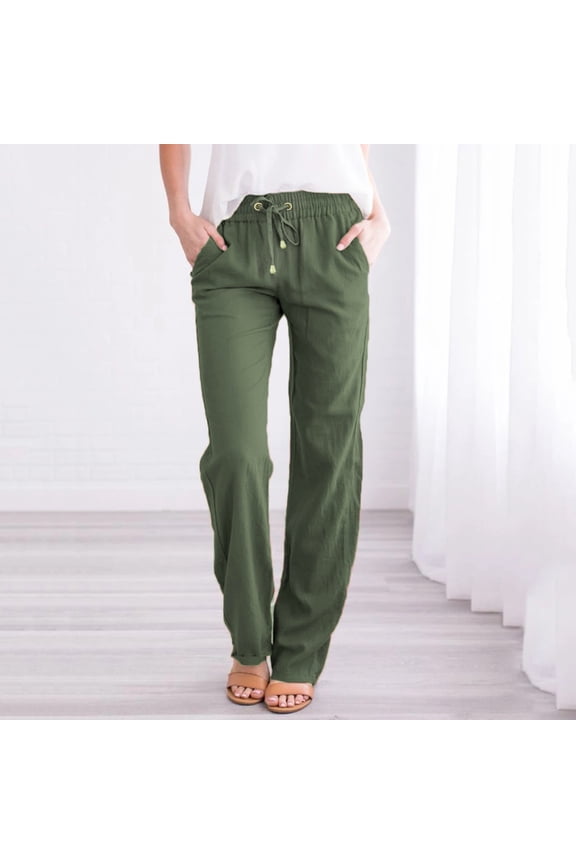 Pants for Women Women's Casual Pants Pull up Pants Waist Cotton and Elastic Solid Pants Drawstring Long Women Straight Casual Pants Army Green S