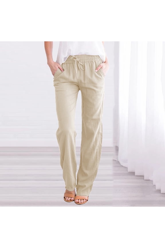 Pants for Women Women's Casual Pants Pull up Pants Waist Cotton and Elastic Solid Pants Drawstring Long Women Straight Casual Pants Beige M