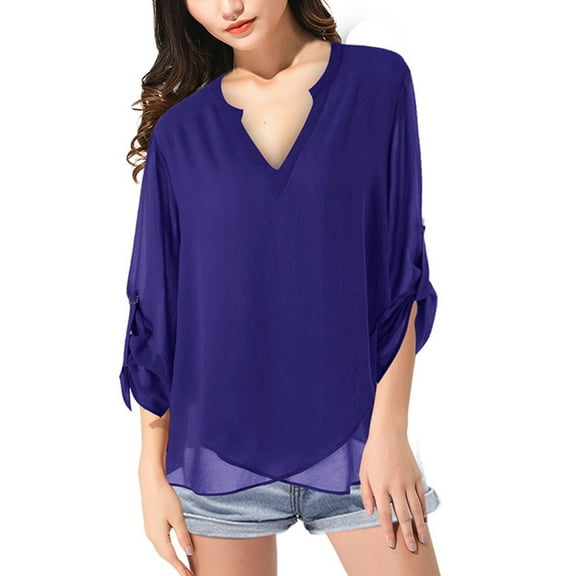 Topvent Plus Size Blouse for Women Womens Top V-Neck Plus Solid Fashion Blouse Size Chiffon Sleeve Shirt Plus Size Tops Purple XXL
