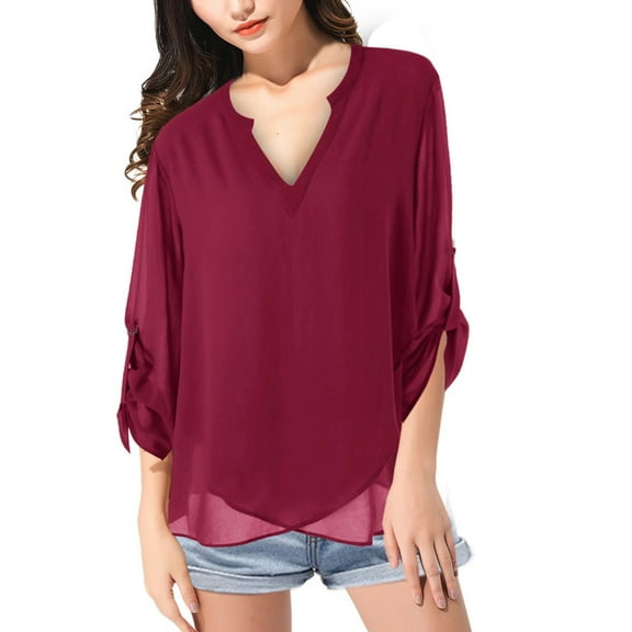 Topvent Plus Size Blouse for Women Womens Top V-Neck Plus Solid Fashion Blouse Size Chiffon Sleeve Shirt Plus Size Tops Wine XXL