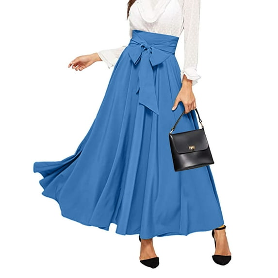Topvent Spring Summer Skirt for Women Women Elegant High Waist Skirt Tie Front Pleated Maxi Skirts Light Blue XS