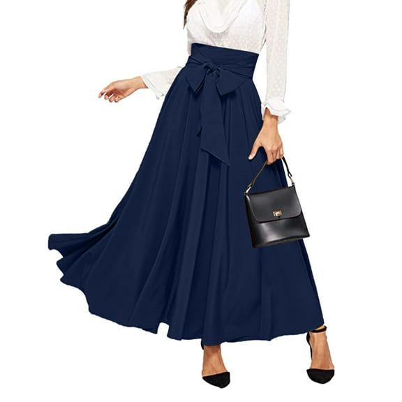 Topvent Spring Summer Skirt for Women Women Elegant High Waist Skirt Tie Front Pleated Maxi Skirts Navy L
